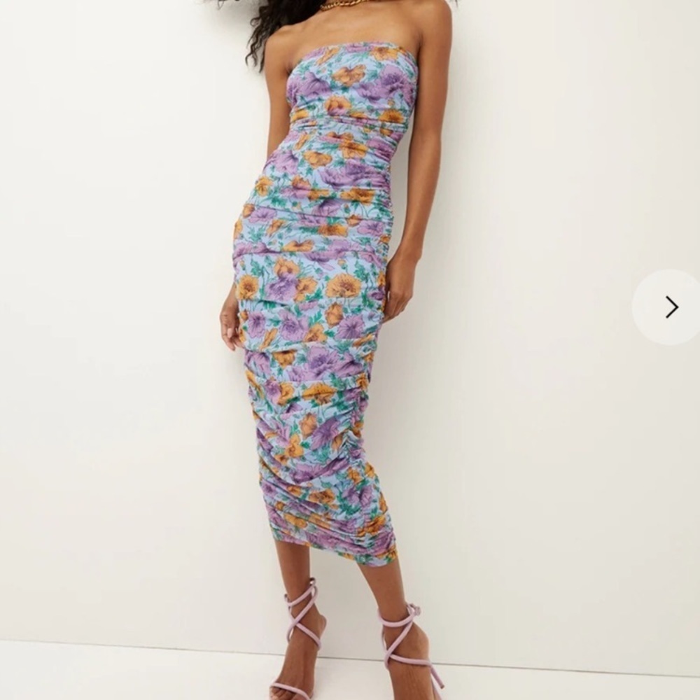 Veronica Beard Quiana Dress NWT Midi Ruched Strapless in Lake Blue Multi Floral